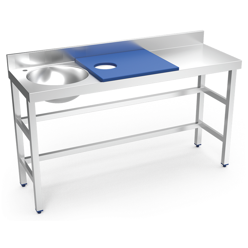 Mesa preparación y lavado fb azul cubeta izda. 1500x500x850 mm.