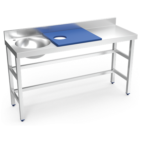 Mesa preparación y lavado fb azul cubeta izda. 1500x500x850 mm.