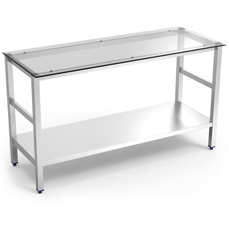 Mesa central inox con encimera de cristal translúcido 1000x600x860 mm