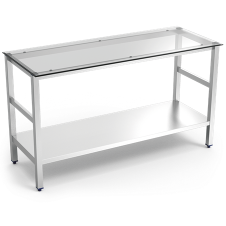 Mesa central inox con encimera de cristal translúcido 1000x600x860 mm