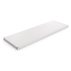 Estante rectangular blanco de larga extensión, con un diseño sencillo y moderno, ideal para almacenamiento.