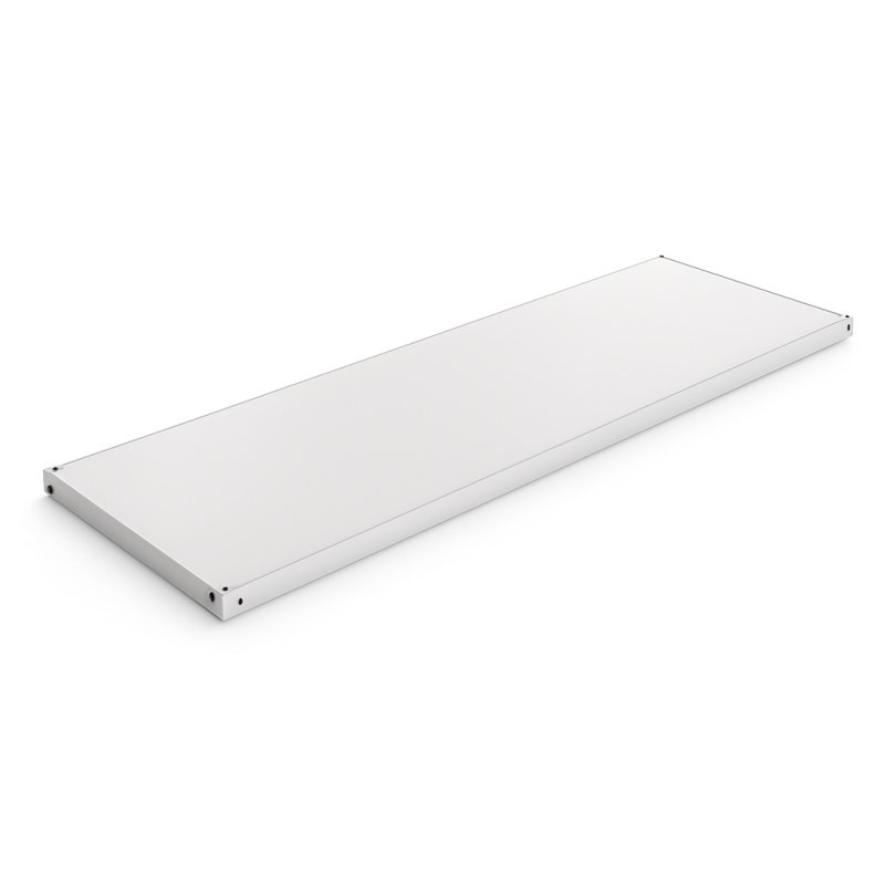 Estante rectangular blanco de larga extensión, con un diseño sencillo y moderno, ideal para almacenamiento.