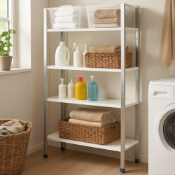 Estantería metálica de cuatro niveles con estantes blancos, cajas de mimbre y productos de limpieza coloridos.