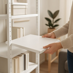 White shelf being added to a minimalist bookshelf, with books and a plant in the background.