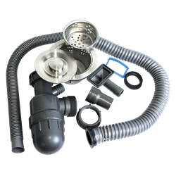 Válvula GRIS 1 1/2" c/cestillo, sifón y rebosadero para freg. de 500/600 mm.