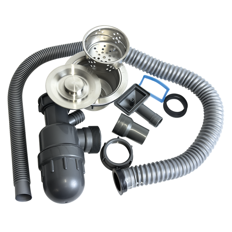 Válvula GRIS 1 1/2" c/cestillo, sifón y rebosadero para freg. de 500/600 mm.