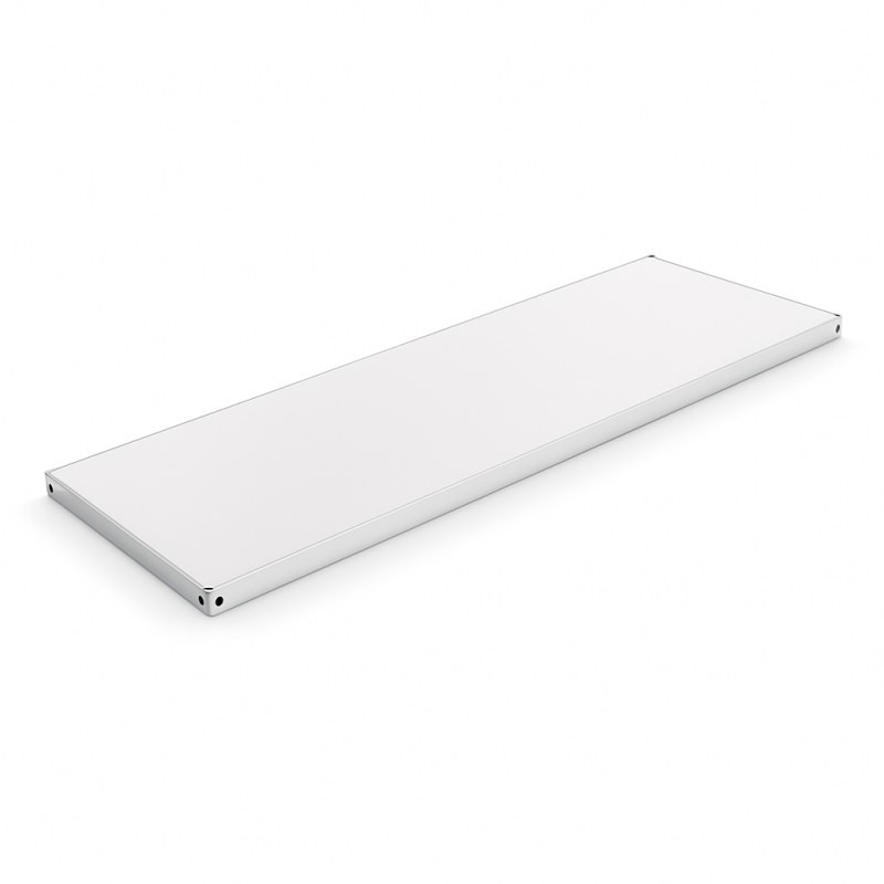 White flat shelf with a minimalist design, featuring a smooth surface and clean edges. Ideal for storage or display.