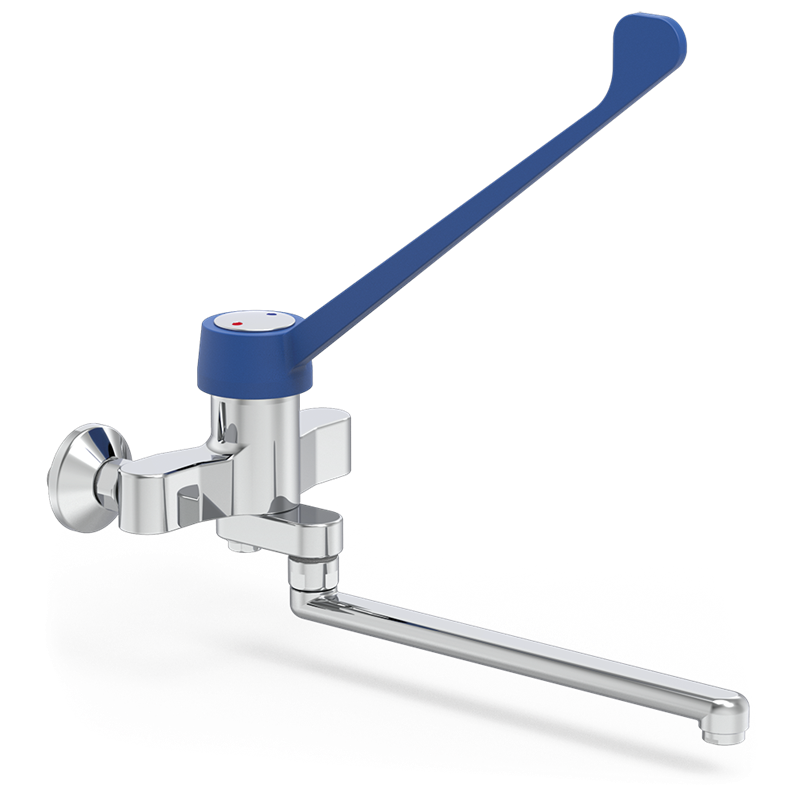 Grifo mural doble entrada de accionamiento a codo caño bajo Serie Monoblock 360x420 mm.