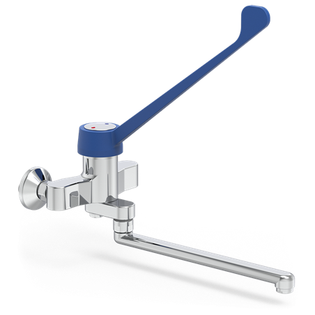 Grifo mural doble entrada de accionamiento a codo caño bajo Serie Monoblock 360x420 mm.