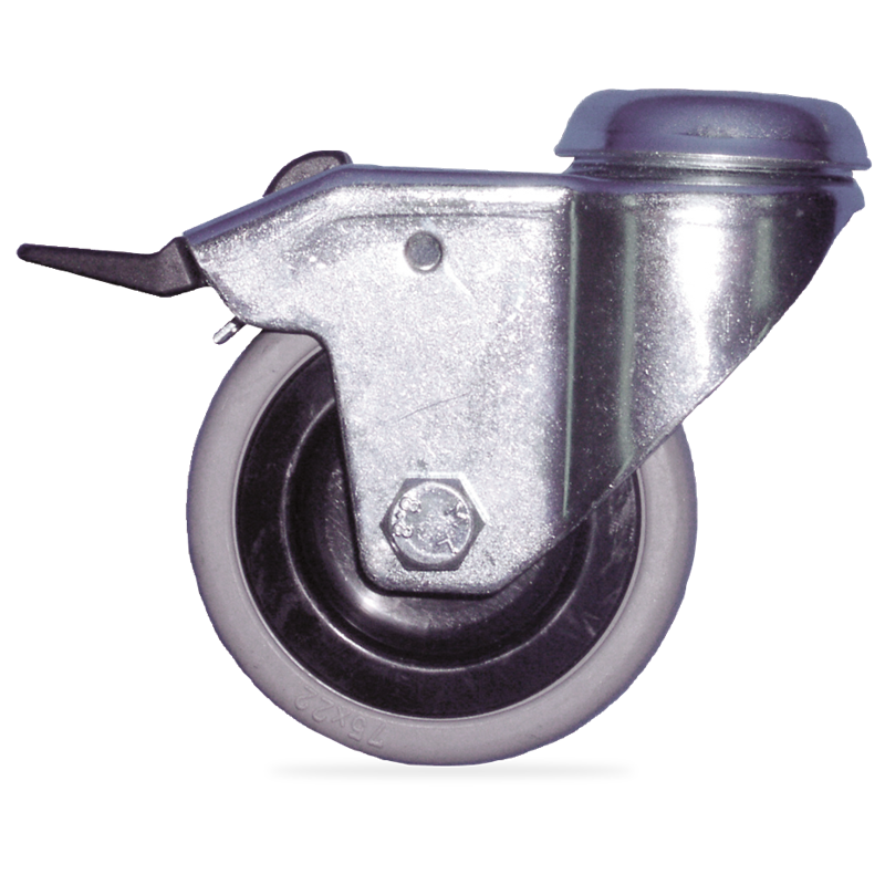 Rueda giratoria c/freno acero galv.-goma ø125 mm.
