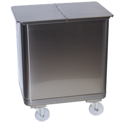 Contenedor inox. con tapa media abertura, ruedas y asa 115 lts.