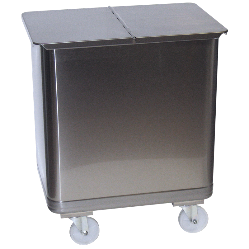 Contenedor inox. con tapa media abertura, ruedas y asa 115 lts.