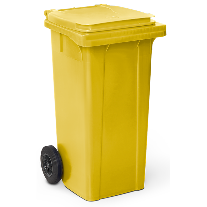 Contenedor de desperdicios con tapa y ruedas amarillo 120 lts.