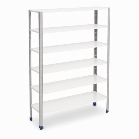 Estantería metálica con seis estantes blancos y estructura plateada, ideal para almacenamiento, con ruedas para fácil movilidad.