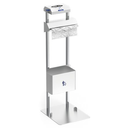 Conjunto dispensador de guantes y bolsas en rollo con papelera