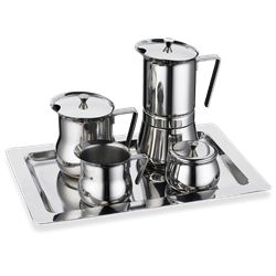 Juego de café (cafetera 6 tazas, lechera, cremera, azucarero, bandeja)