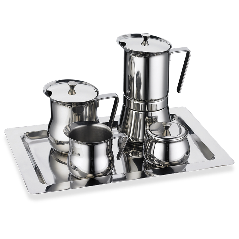Juego de café (cafetera 6 tazas, lechera, cremera, azucarero, bandeja)