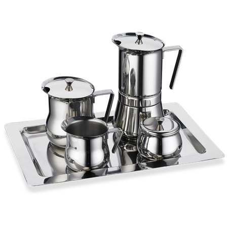 Juego de café (cafetera 6 tazas, lechera, cremera, azucarero, bandeja)