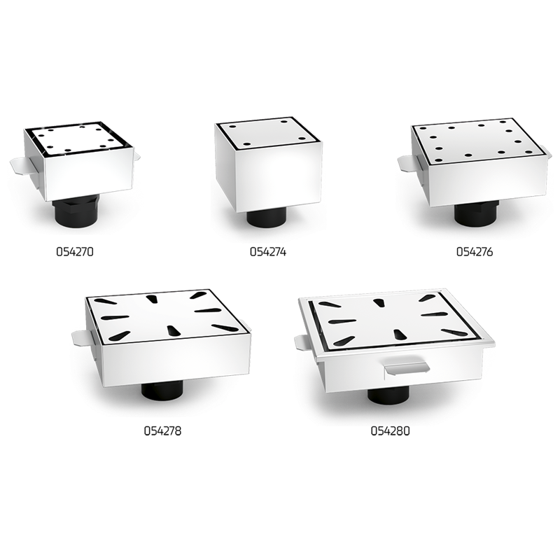 Sumidero sifónico inoxidable salida vertical 150x150 mm.