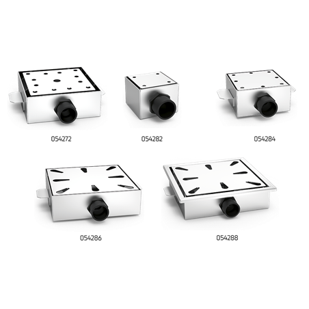 Sumidero sifónico inoxidable salida horizontal 200x200 mm.