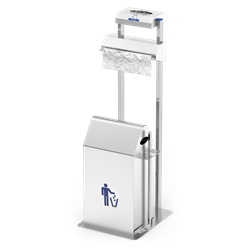 Conjunto dispensador de guantes y bolsas en rollo con papelera basculante a peda