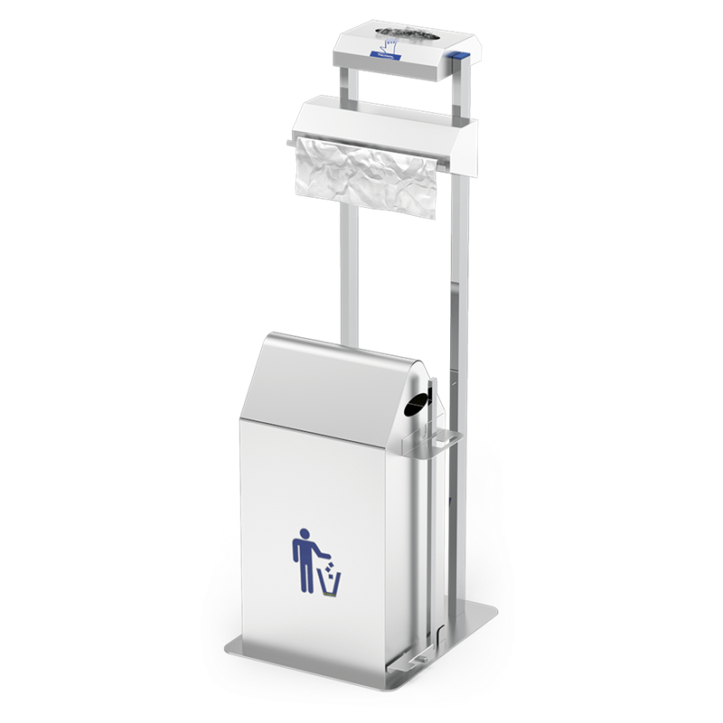 Conjunto dispensador de guantes y bolsas en rollo con papelera basculante a peda