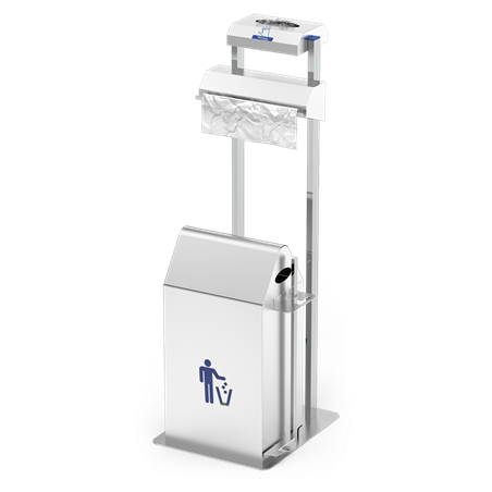 Conjunto dispensador de guantes y bolsas en rollo con papelera basculante a peda