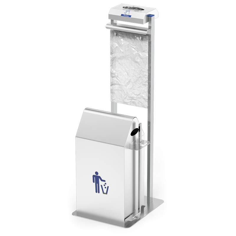 Conjunto dispensador de guantes y bolsas colgantes con papelera basculante a pedal