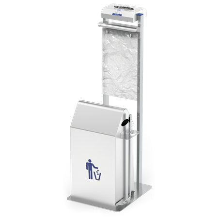 Conjunto dispensador de guantes y bolsas colgantes con papelera basculante a pedal