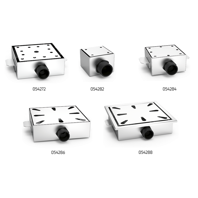 Sumidero sifónico inoxidable salida horizontal 300x300 mm.