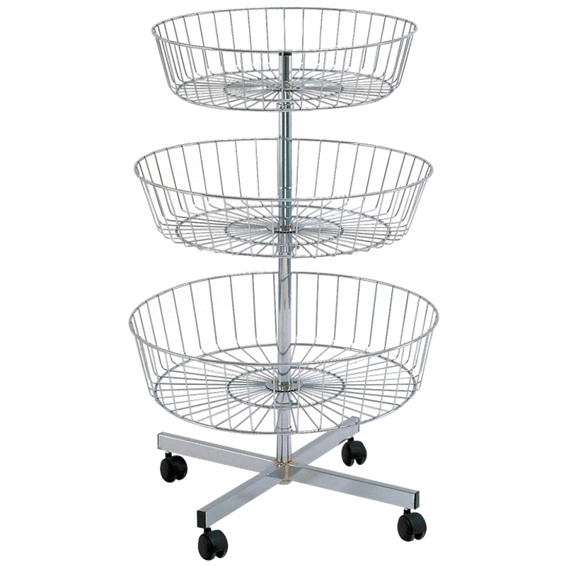 Cesta expositora multiusos redonda 3 niveles con ruedas