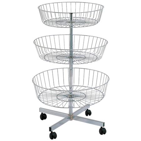 Cesta expositora multiusos redonda 3 niveles con ruedas