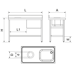 Mesa mural desbarasado con fregadero derecha 1200x600x850 mm.