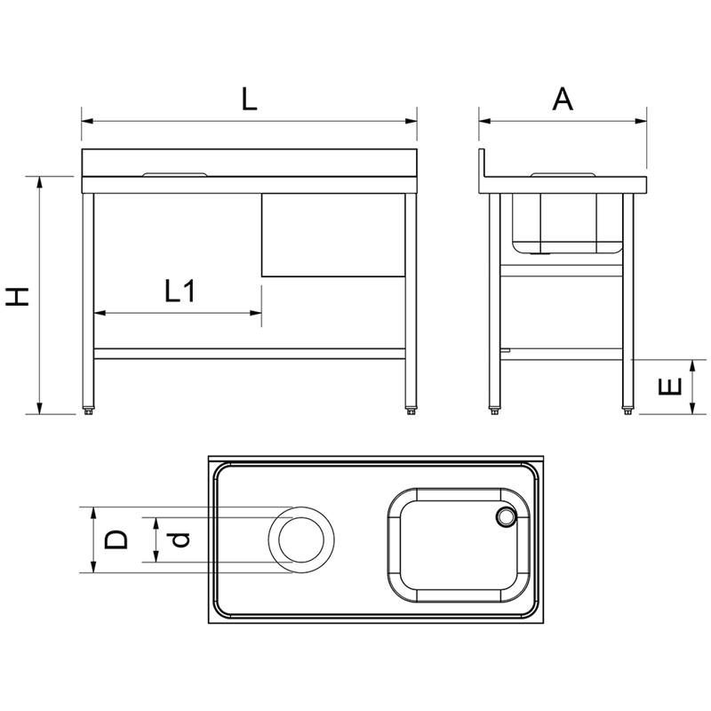 Mesa mural desbarasado con fregadero derecha 1200x600x850 mm.