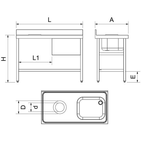 Mesa mural desbarasado con fregadero derecha 1200x700x850 mm.