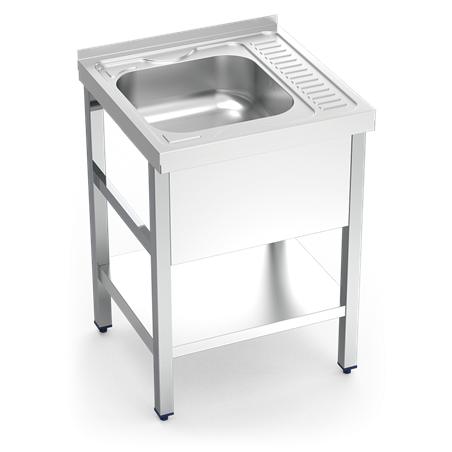 Fregadero c/soporte c/entre. 1C, ED 600x600x850 mm. Dimensiones cubeta 370x340x150 mm.