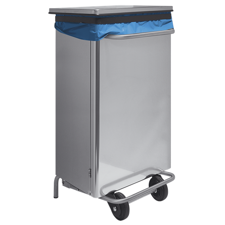 Cubo de basura industrial en acero inoxidable con ruedas y soporte para bolsa de 110L