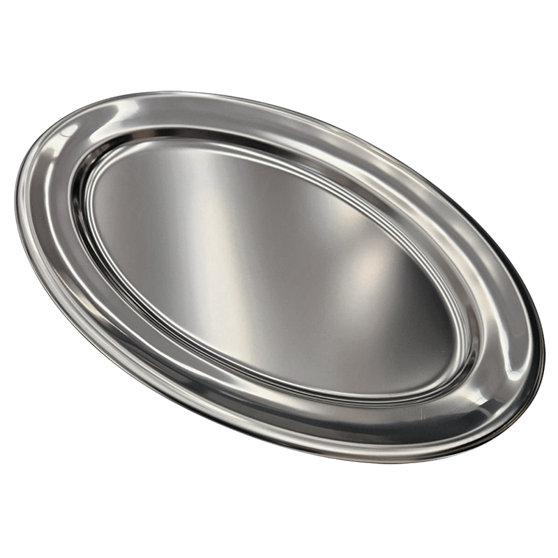 Bandeja de presentación inoxidable ovalada 450x300x15 mm.