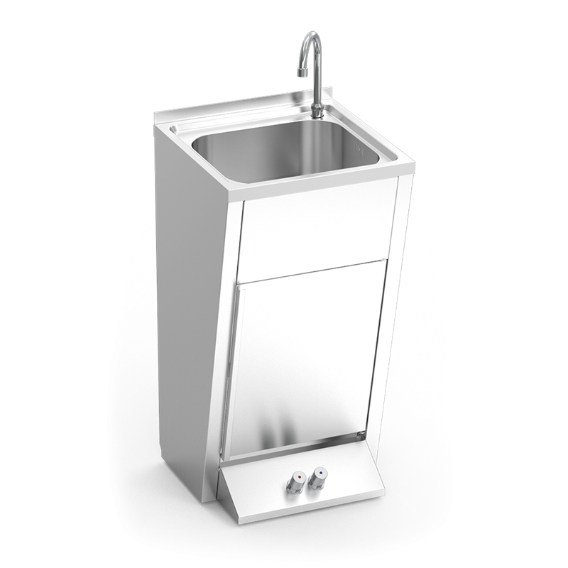 Lavamanos registrable c/puerta abatible doble pulsador agua fría y caliente 450x450x850 mm.