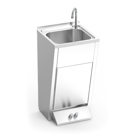 Lavamanos registrable c/puerta abatible doble pulsador agua fría y caliente 450x450x850 mm.