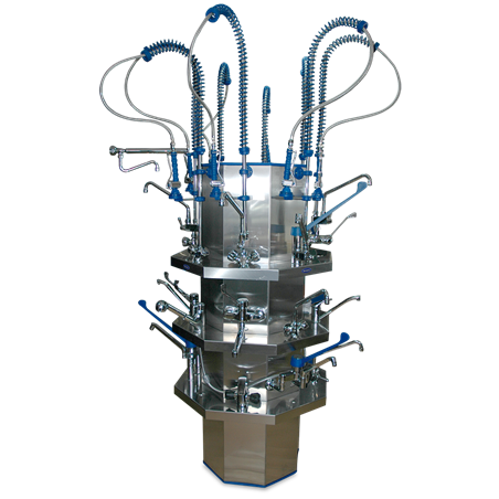 Expositor central de grifería con tres estantes de ø1690x2300 mm.